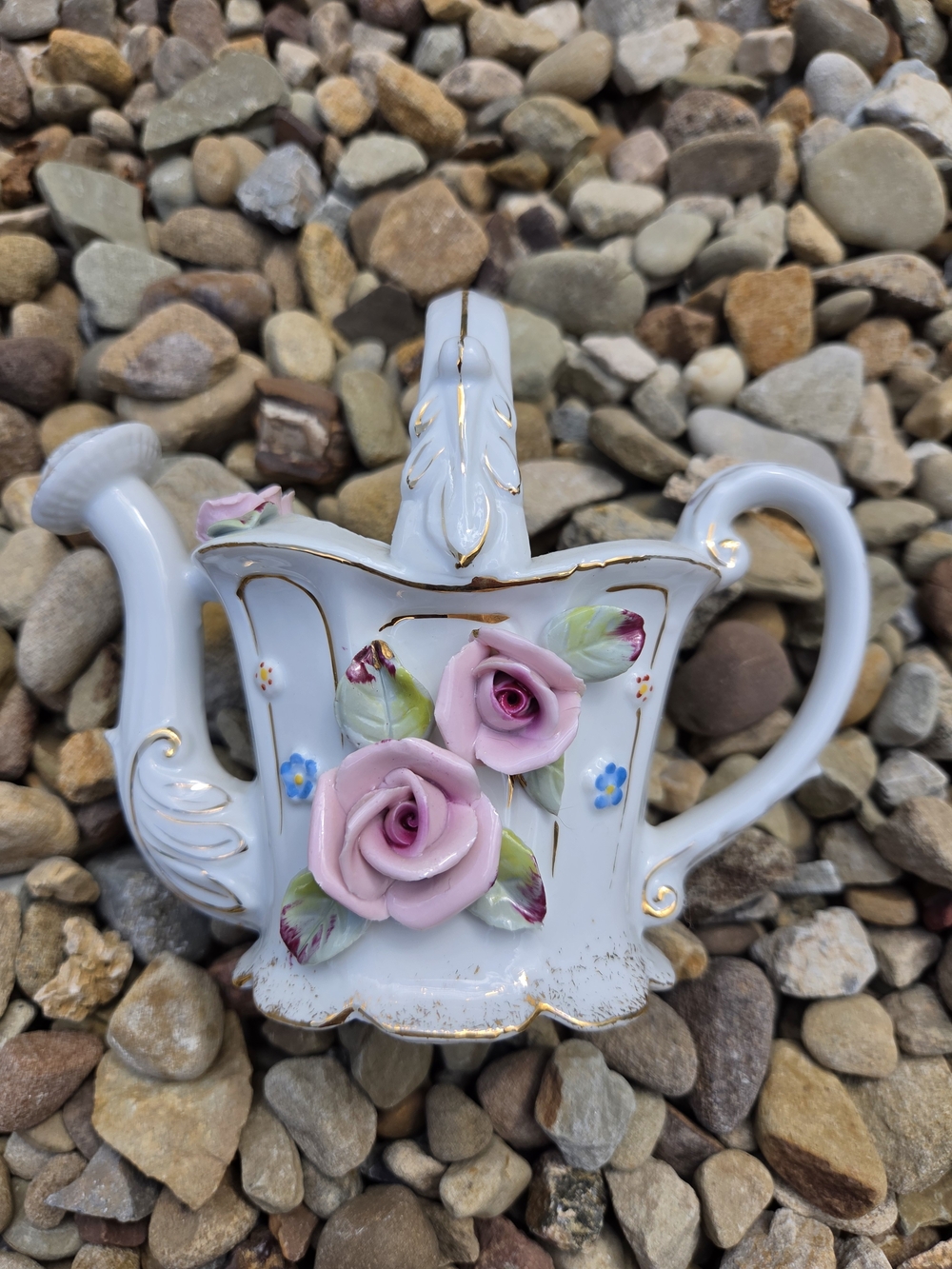 Vintage Porcelain Pink Rose Teapot W/ Gold Accent Elegant Floral Home Decor